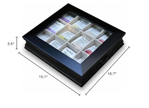 Tea Chest 12 Compartments Tea Bag Large Storage Box with Beveled Glass Lid