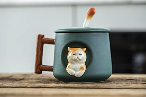 DIHOclub Adorable 3D Ceramic Cat Mug with Lid and Spoon - Perfect for Coffee, Tea, Milk, and More - Ideal Gift for Animal Lovers - 14 Ounces (Green) - color: Green