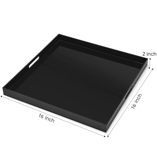 16×16 inches Oversized Black Acrylic Ottoman Tray Extra Large Decorative Tray Spill-Proof Serving Trays with Handles King-Size Safe Edge Organizer for Coffee Table Countertop Breakfast - color: Glossy Black, size: 16" x 16" x 2"