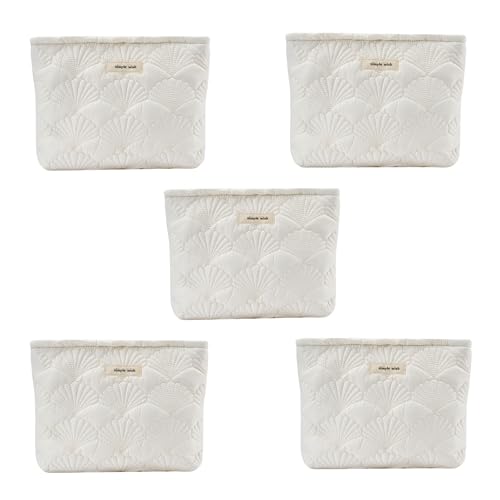 RSRSLEII 5Pcs Quilted Cotton Seashell Makeup Bag, Travel Toiletry Bag,White - color: 5Pcs White