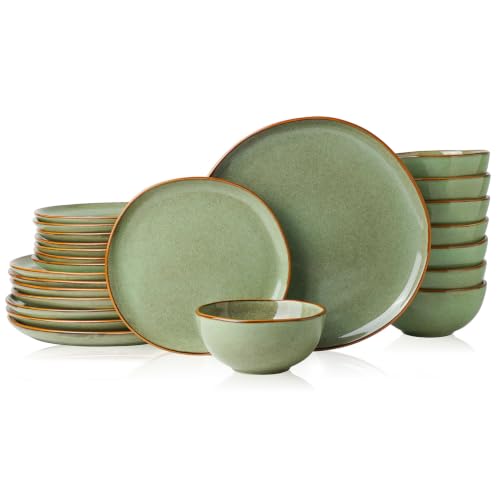 Stoneware Dinnerware Sets for 8, Reactive Glaze Plates and Bowls, Green - color: Green, size: Service for 8-24Pcs