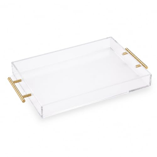 Clear Acrylic Tray 16x12” with Golden Metal Handles - Large Plastic Tray for Serving Guests, Countertop Organization, Ottoman Coffee Table & Vanity – Modern Decorative Tray for Home & Office - color: Golden Handles - Transparent, size: 16" x 12" x 2"