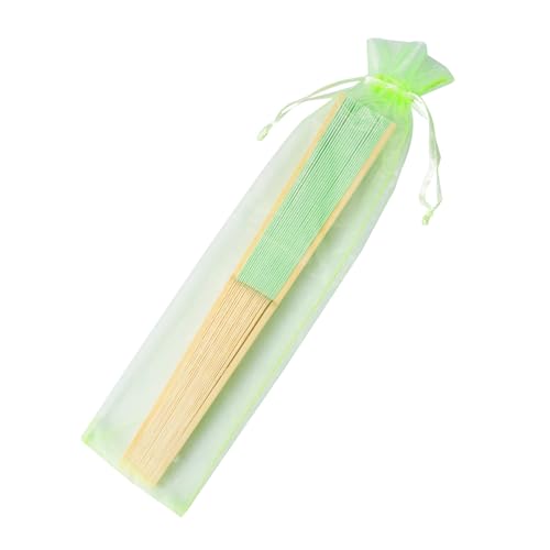 50pcs Paper Hand Fan with Organza Bags Bamboo Handheld Folding Fan DIY Decorative Wedding Party Favors (Light Green) - color: Light Green