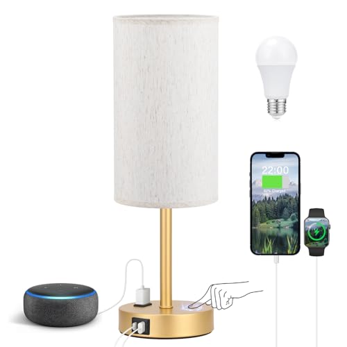 Fenmzee 17.4" Gold Lamp for Bedroom - Dimmable Touch, USB A+C, AC Outlet - color: Cream - Gold, size: 17.4"