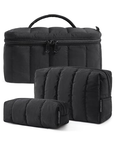BAGSMART Travel Makeup Bag Set, 3 Pc Puffy Cosmetic Pouch, Black - color: Black