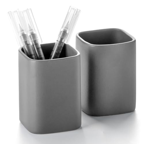 Ceramic Pen Holder Set of 2, Pencil Cup for Desk, Matte gray - color: Matte gray