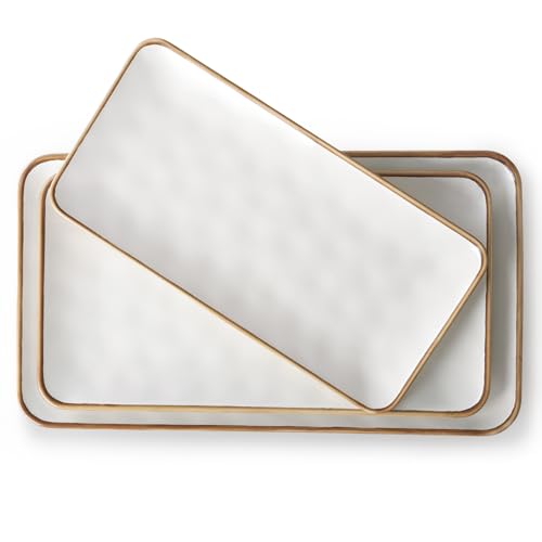Ceramic Rectangle Serving Platter with Brown Rim: 15.6/14.1/12.6 Inch Large Serving Dishes for Entertaining Party, Sushi, Turkey, Cheese, Snack and Dessert, Microwave Dishwasher Safe - color: White, size: Rectangle
