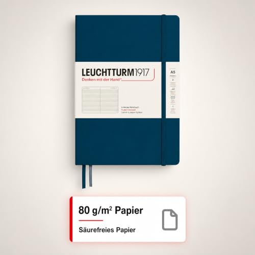 LEUCHTTURM1917 - Notebook Hardcover Medium A5-251 Numbered Pages for Writing and Journaling - Thinking Ahead (Ruled Paper, Deep Sea) - color: Deep Sea, style: Ruled