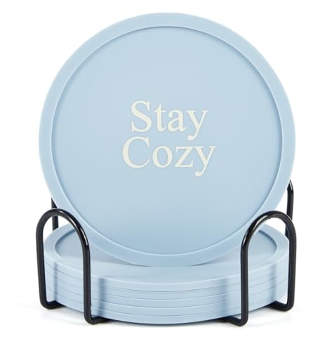HiramWare Silicone Coasters Set of 6, Premium Drink Coaster with Holder, Non-Slip, Non-Stick, Dishwasher Safe, Perfect for Hot and Cold Drinks, Protect Your Desks and Tables(6 Morandi Blue) - color: Morandi Blue