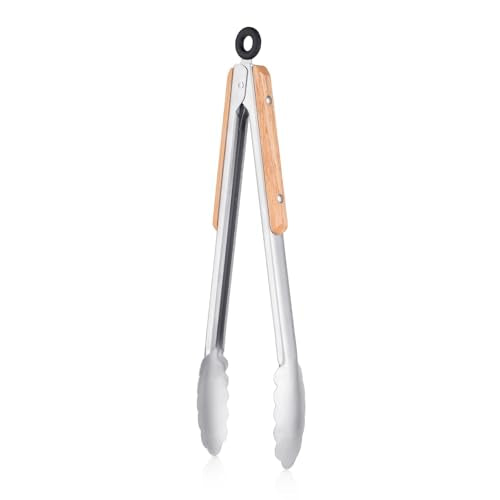 Premium Metal Kitchen Tongs for Cooking - Heat Resistant 1100°F Stainless Steel Tongs with Comfortable Wooden Grips - Perfect for Grill, Salad, Toaster, Cooking, and Serving Food (12-inch)
