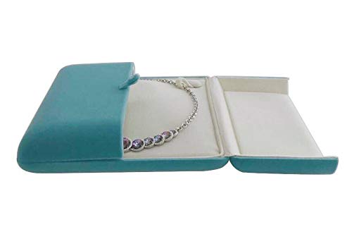 Aqua Teal Velvet Jewelry Box for Large Necklace Luxury Pearl Strand Presentation Case, Tri-Panel Flat Open Design, Button Clip Closure, Cream Velvet Interior, Gift Box for Wedding Birthday - color: Large Necklace Pearl Case
