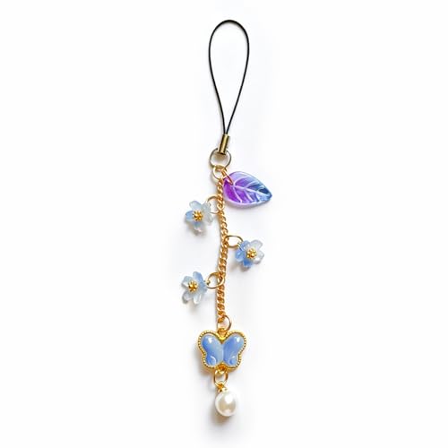 Phone Charms with Lily of the Valley & Butterfly Aesthetic Y2K Cell Phone Charms Strap Accessories for Bag Keychain Airpods Camera Pendants Decor for Women - color: Blue- Sakura