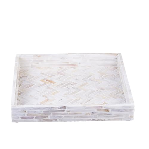 PEMAR 11" Square Mother of Pearl Decorative Tray - Herringbone Shell - color: Creamy White Herringbone
