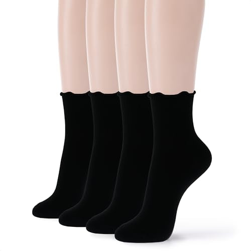 Womens Cotton Crew & Ankle Socks, Cute Floral Ruffle Colorful Tube Size 6-9 - color: Ruffle a - Black(4)