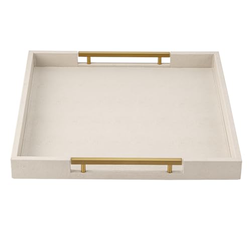 Beige Faux Leather Serving Tray with Handles – Large Decorative Tray for Coffee Table, Ottoman, Living Room, Bathroom – Home Decor - color: Beige, size: 20" x 20" x 2"