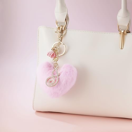 Initial Letter Heart Pom Pom Keychain for Women Pink Soft Fluffy Ball Key Ring for Purse Backpack Handbag - color: G