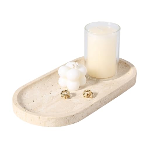 Koville Natural Marble Tray for Bathroom Counter, 10" x 5" Travertine Marble Storage Trays for Perfume, Cosmetics, Jewelry, Vanity Tray Stone Trays for Home, Decorative Tray for Dresser Organizer - color: Travertine