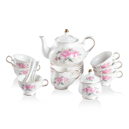 Sweejar Porcelain Tea Set Vintage Floral, British Relief Gold Rim Teapot Cup and Saucer Sets, 22-Piece Tea Sets for Adults, with Teapot, Sugar Bowl, Milk Jug, Spoons, Cup and Saucer (Pink Flower) - color: Pink Flower