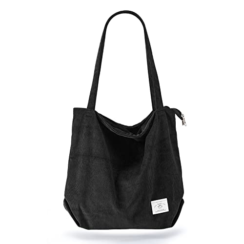 KALIDI Women Corduroy Tote Bag Zipper Casual Tote's Handbag Big Capacity Shoulder Bag with Pockets - color: Black
