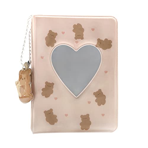 3 Inch Mini Photo Album, Heart Hollow Card Binder Photo Card Holder with Pendant 40 Pockets (beige bear) - style: beige bear