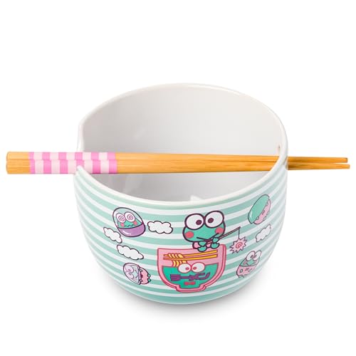 Silver Buffalo Sanrio Hello Kitty Green, Ramen Bowl with Chopsticks, 20oz - color: Keroppi Green Stripes, size: 20 Ounces (No Spoon)