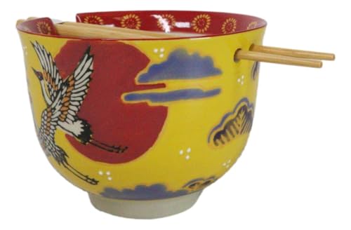 Ebros Gift Artistic Donburi Ramen Udon Noodles Soup Salad 5" D 18Oz Bowl With Bamboo Chopsticks And Built In Rest Set Asian Dining Kitchen Accent (Pair Of Japanese Cranes With Red Moon) - color: Pair Of Japanese Cranes With Red Moon