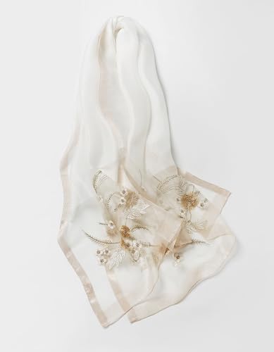 Jeelow Long Silk Blend Embroidered Floral Shawl Scarf Wrap for Women - color: White Bloom