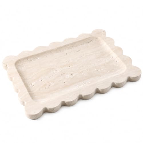 Koville Romano Travertine Vanity Tray, 11"x8" Natural Stone Organizer Tray for Countertop Bathroom Kitchen Dresser, Marble Decorative Scalloped Tray for Jewelry Cosmetics Perfume Trinket(Beige) - color: Travertine, size: 11" x 7.9" x 0.7"
