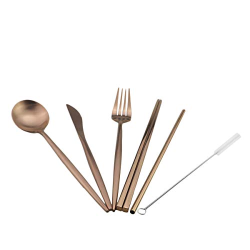 Luxury Rose Gold Matte Portable 18/10 Stainless Steel Travel Flatware Sets of 7 Portable Camping Cutlery Set, Healthy & Eco-Friendly Flatware Set with Carrying Case for Travel or Camping - color: Rose Gold, size: Khaki Pouch