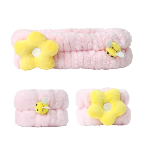 PERFECTSIGHT Kawaii Headband for Spa, Makeup, Washing Face, Party - 2 Pack Cute Hair Band for Shower Beauty Skincare, Soft Facial Headbands for Girls and Women (Pink Flower Bee) - color: Pink Flower Bee