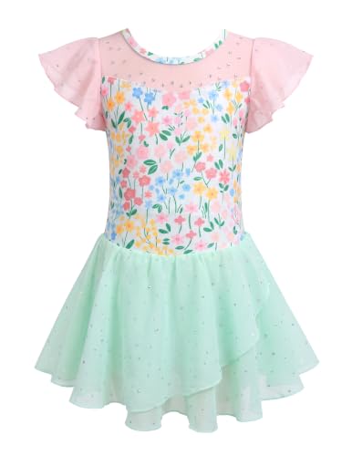 Zaclotre Girls Ballet Leotards Ruffle Sleeve Sparkle Dance Leotard - color: Aqua Pink Floral, size: 10-11 Years