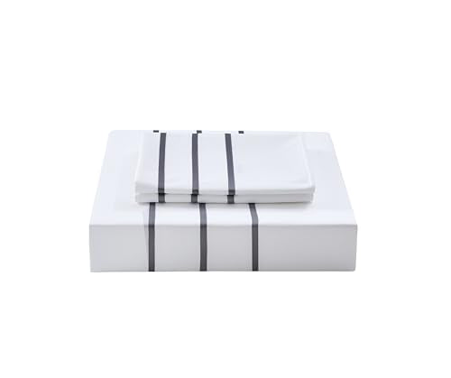 Karen 2 Pieces White Duvet Cover Set Without Filling Grey Stripe Trim 100% Egyptian Cotton 300 Thread Count Soft Sateen Hotel Collection Zipper Closure Corner Ties (White Grey, Twin)… - color: White Grey, size: Twin