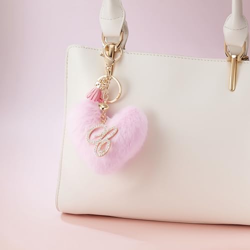 Initial Letter Heart Pom Pom Keychain for Women Pink Soft Fluffy Ball Key Ring for Purse Backpack Handbag - color: C