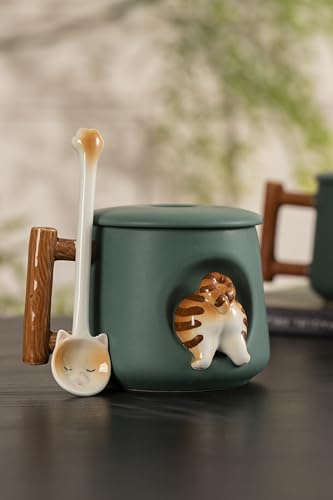 DIHOclub Adorable 3D Ceramic Animal Mug with Lid and Spoon - Perfect for Coffee, Tea, Milk, and More - Ideal Gift for Animal Lovers - 14 Ounces (Green Cat's tail) - color: Green Cat's tail
