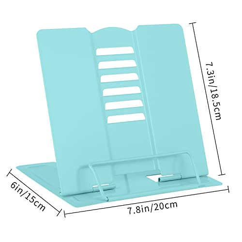 MSDADA Desk Book Stand Metal Reading Rest Book Holder Adjustable Cookbook Documents Holder Portable Sturdy Bookstands for Recipes Textbooks Tablet Music Books with Page Clips (Light Lake Green) - color: Light Lake Green