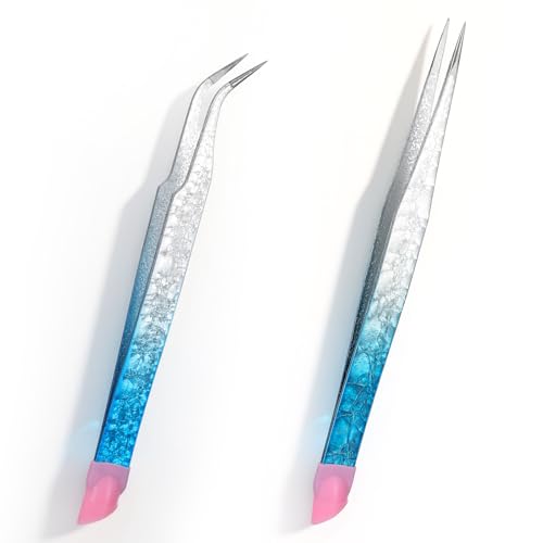 2PCS Crystal Blue Nail Tweezer: Double Ended Sticker Tweezers with Silicone for Craft, Precision Rhinestone Picker Tool for Jewelry Eyelash Nail Art,Curved Tip Tweezers Kit - color: Crystal Blue