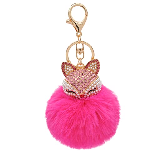 Faux Rabbit Fur Pom Pom Keychain with Fox Head - color: Rose Red