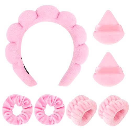 Spa Headband Set, 7Pcs Puffy Terry Cloth Headband and Wristband for Skincare, Makeup, Yoga, Shower, Spa Party, Sleepover Party, Pink - color: Pink