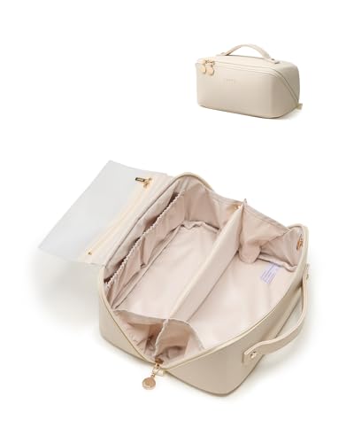 EACHY Travel Makeup Bag for Women, PU Leather Cosmetic Bag, White, Medium - color: F - White, size: Medium
