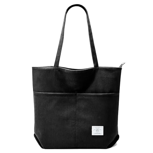 KALIDI Women Corduroy Tote Bag Zipper Casual Tote's Handbag Big Capacity Shoulder Bag with Pockets - color: D-black