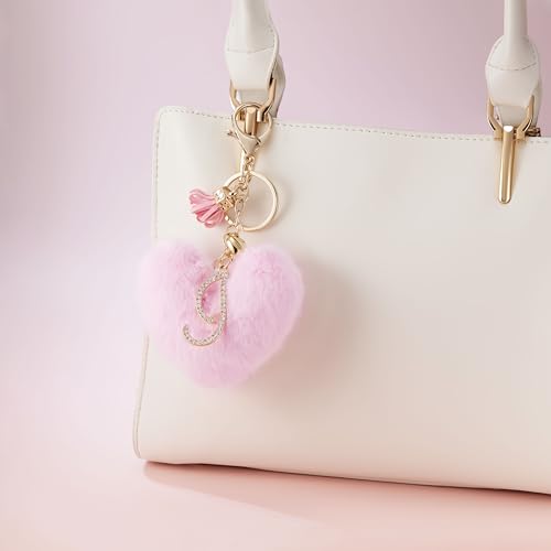 Initial Letter Heart Pom Pom Keychain for Women Pink Soft Fluffy Ball Key Ring for Purse Backpack Handbag - color: I
