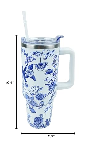 Blue and White Porcelain 40 oz Tumbler with Handle Straw Lid - color: Blue and White Porcelain