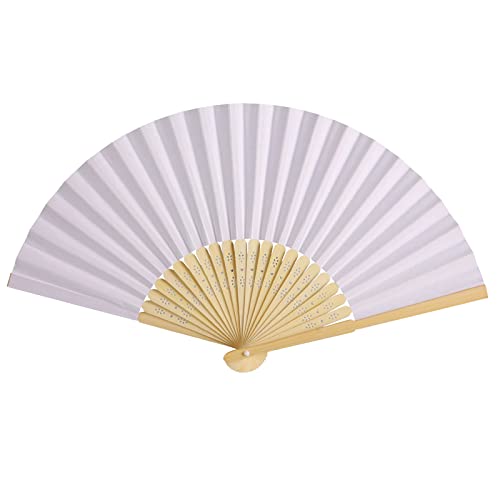50pcs Paper Hand Fan with Organza Bags Bamboo Handheld Folding Fans DIY Decorative Wedding Party Favors (White) - color: White
