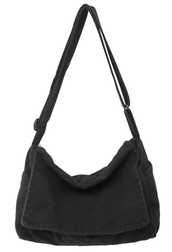 Messenger Bag for Women Men Satchel Bag Canvas Crossbody Shoulder Bag Casual Sling Bag - color: Black