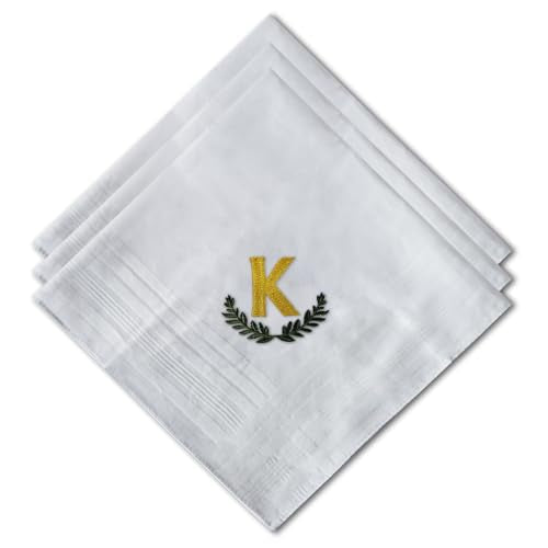 3 Pcs Men's Handkerchiefs, White Embroidered Initial Monogrammed Handkerchiefs for Men Suit Soft Cotton - style: K
