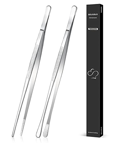 2 Pcs 12-inch Cooking Tweezers Tongs Precision Serrated Tips, Stainless Steel Professional Chef Tweezer Kitchen Tools for BBQ, Plating and Serving（Silver） - color: Silver, size: 12inch
