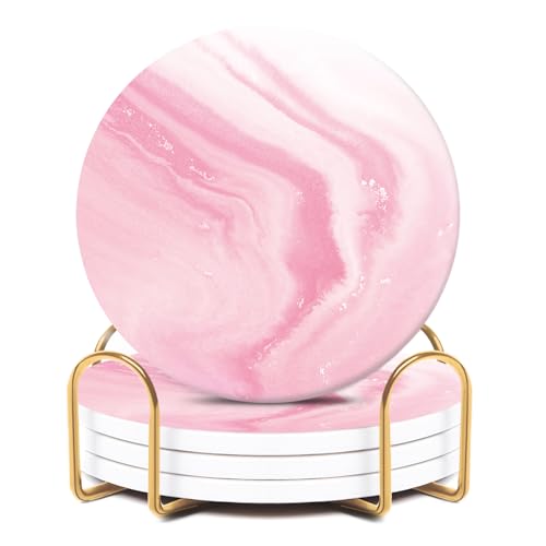 Pink Absorbent Coasters for Drinks Set of 4 with Gold Holder