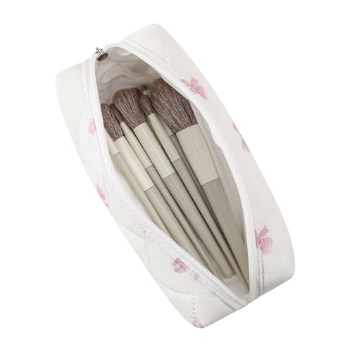 Cute Floral Cotton Makeup Brush Cosmetic Bag for Women, Travel Quilted Zipper Make Up Bag, Flowers Toiletry Organizer Case Kawaii Makeup Cosmetic Travel Cloth Pouch (Pink Bow Tie+Blue Bow Tie) - color: Two Pack: (Pink Bow Tie+Blue Bow Tie)