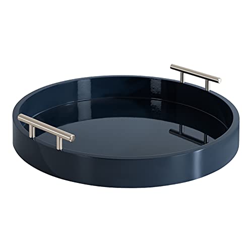 Kate And Laurel Lipton Modern Round Tray; 15.5 Diameter; Navy and Silver; Decorative Accent Tray for Storage and Display - color: Navy Blue/Silver, size: 15.5"