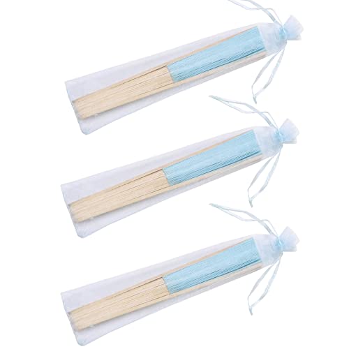 50pcs Paper Hand Fan with Organza Bags Bamboo Handheld Folding Fan DIY Decorative Wedding Party Favors (Light Blue) - color: Light Blue